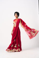 Vinona Drape Saree Set- Red