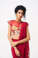 Vinona Drape Saree Set- Red