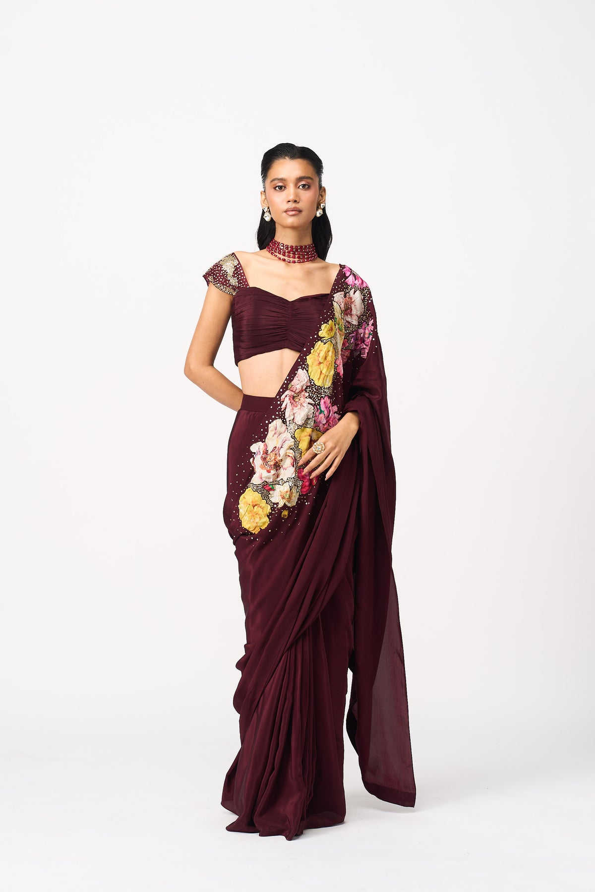 Nahiraa Drape Saree Set-Red Wine