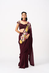 Nahiraa Drape Saree Set-Red Wine
