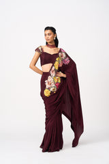 Nahiraa Drape Saree Set-Red Wine