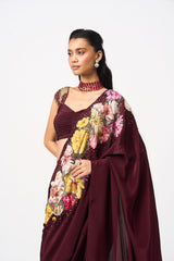 Nahiraa Drape Saree Set-Red Wine