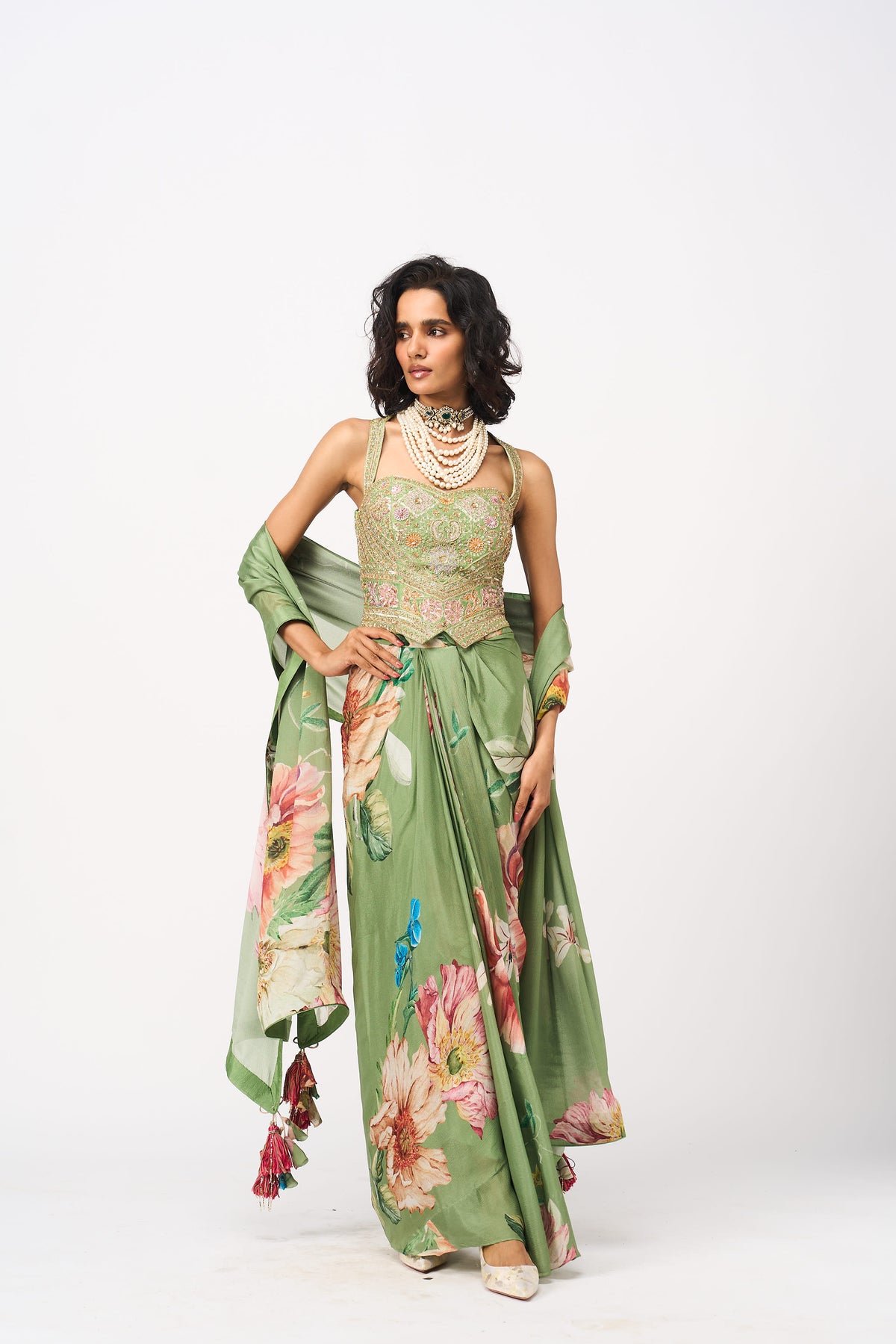 Tejal Drape Skirt Set- Green