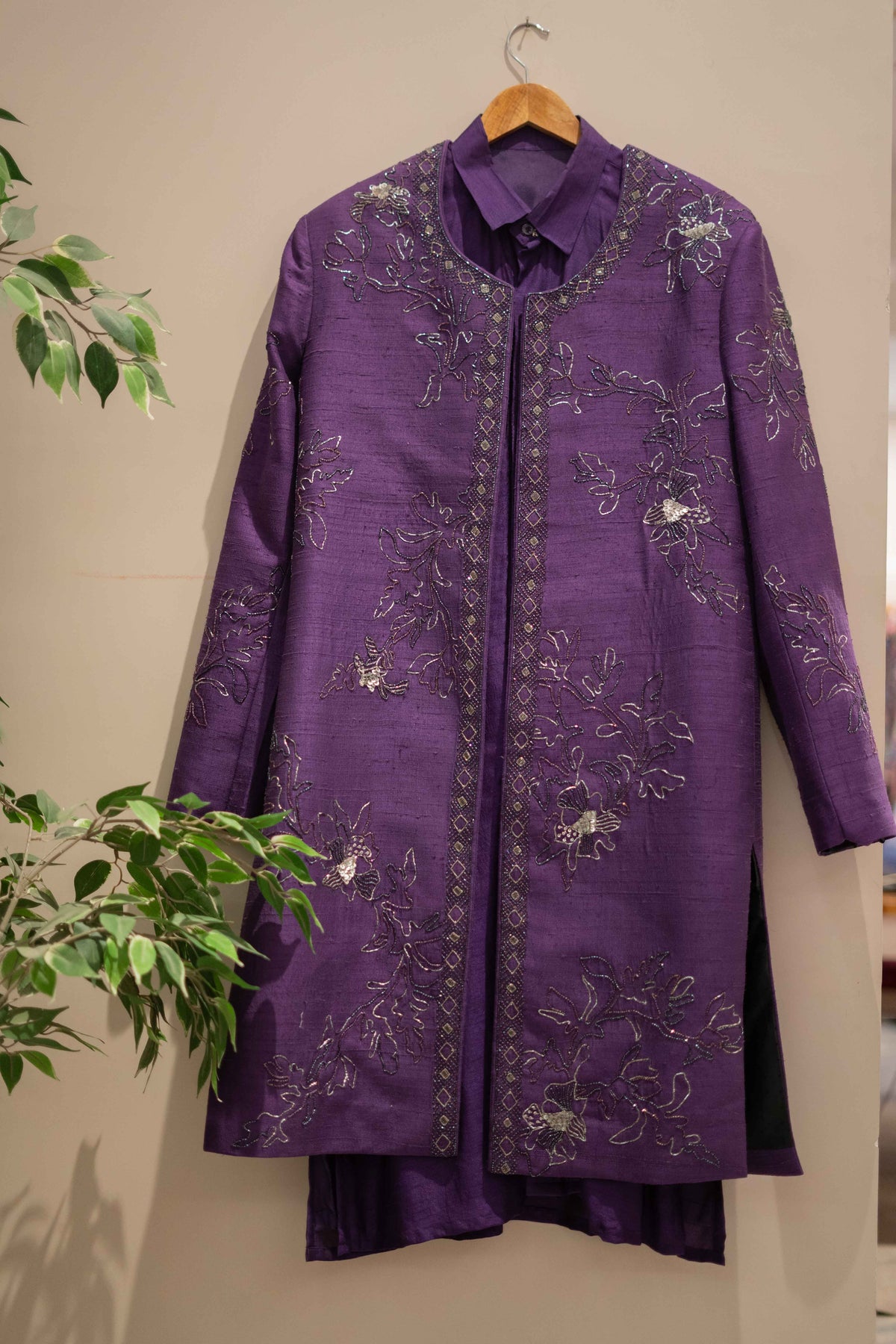 DS - purple rawsilk embroidered jacket with kurtha