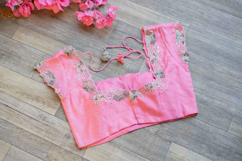 Candy pink rawsilk embroidered blouse