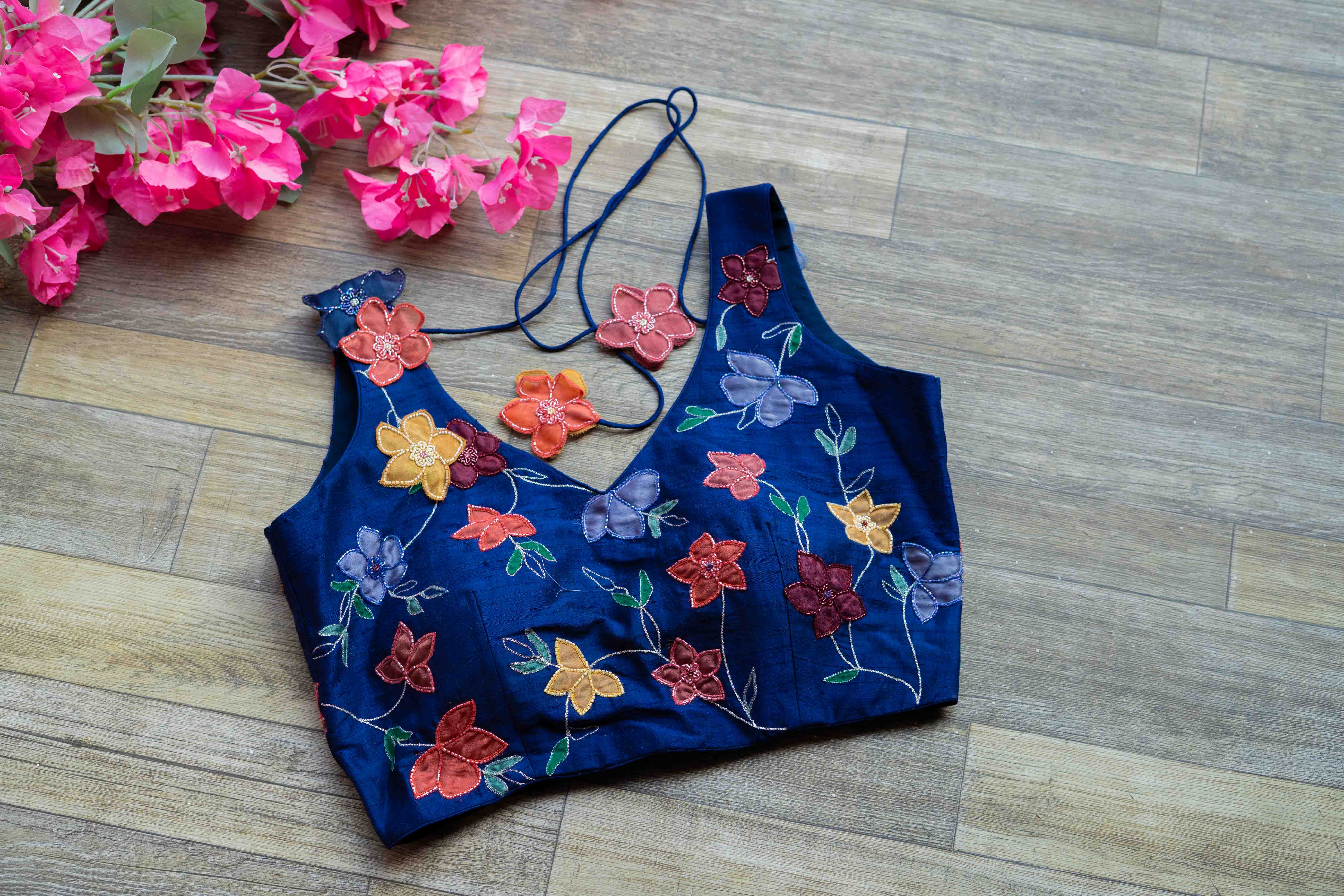 Deep blue applique embroidered blouse