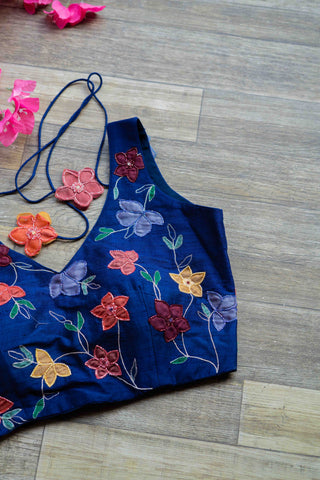 Deep blue applique embroidered blouse