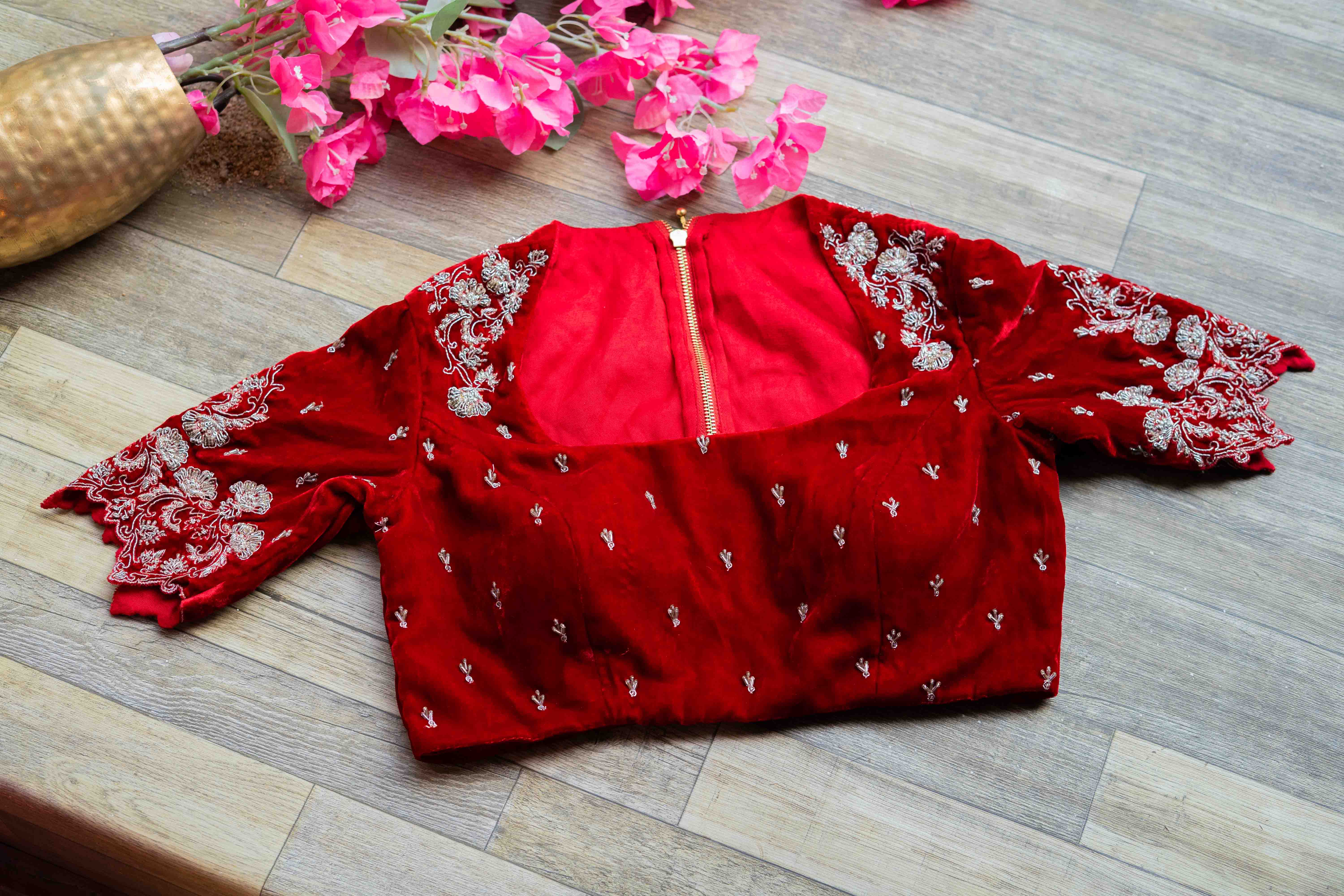 Red velvet embroidery blouse