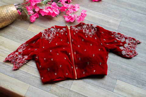 Red velvet embroidery blouse