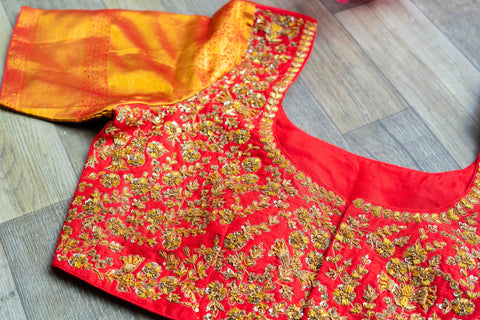 Red rawsilk embroidered blouse with patu zarri sleeves