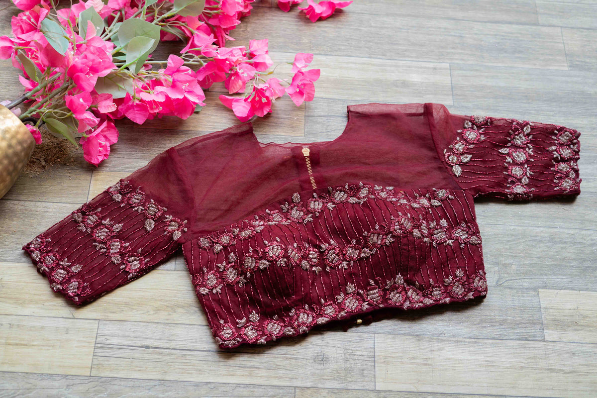 Burgundy netted embroidered blouse