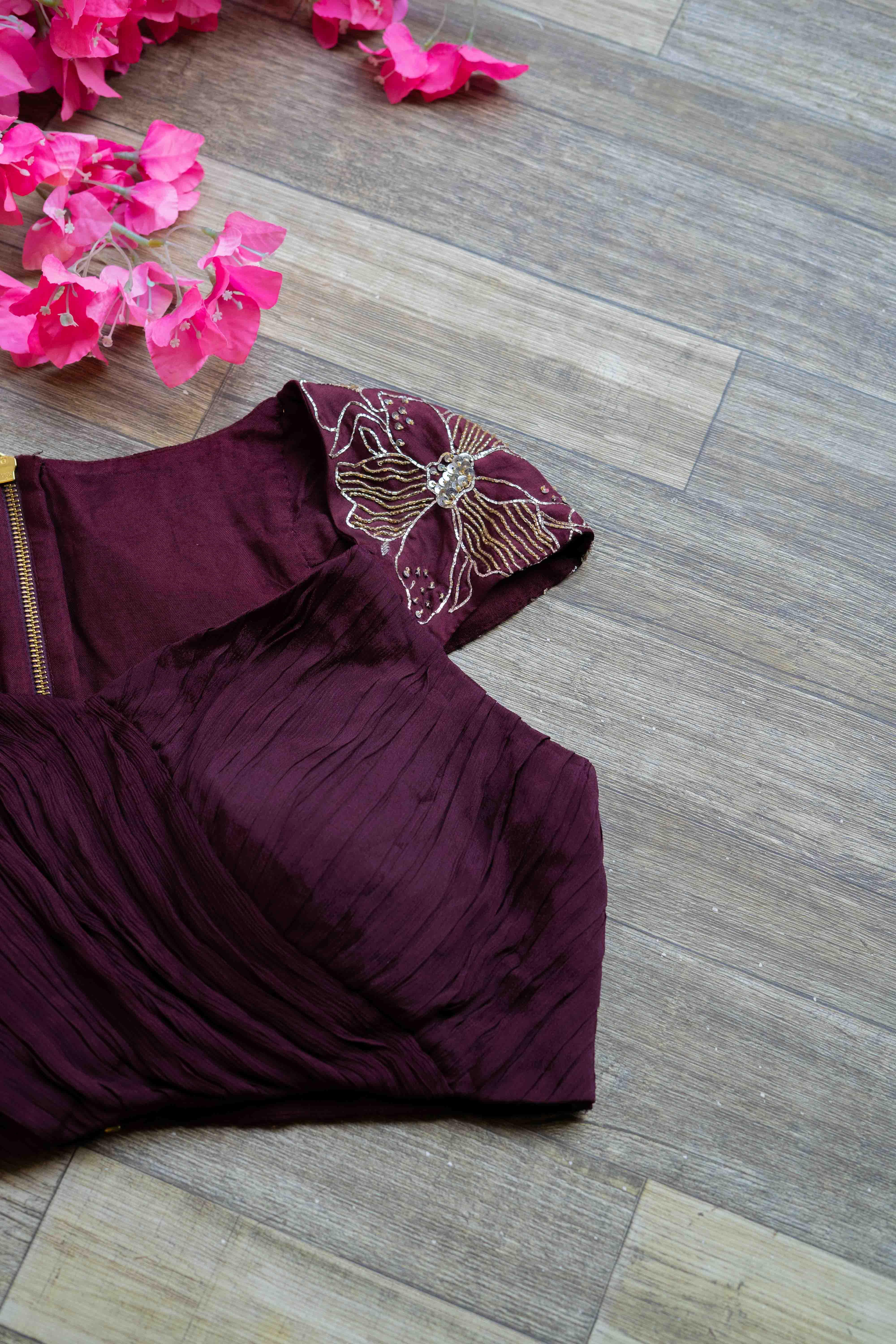 Burgundy pleatted embroidered blouse