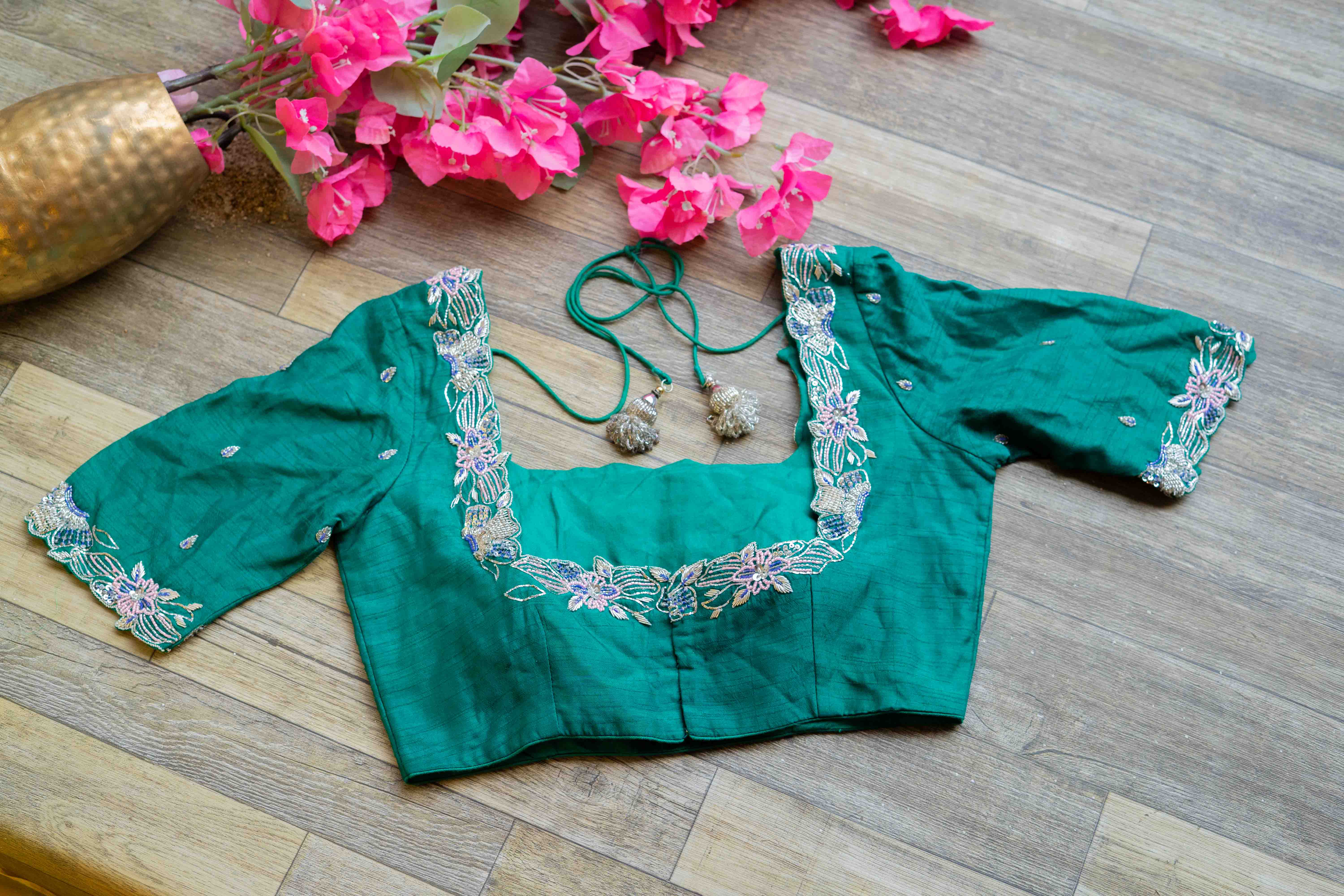 Teal blue embroidered blouse