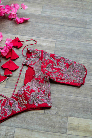 Red rawsilk embroidered blouse