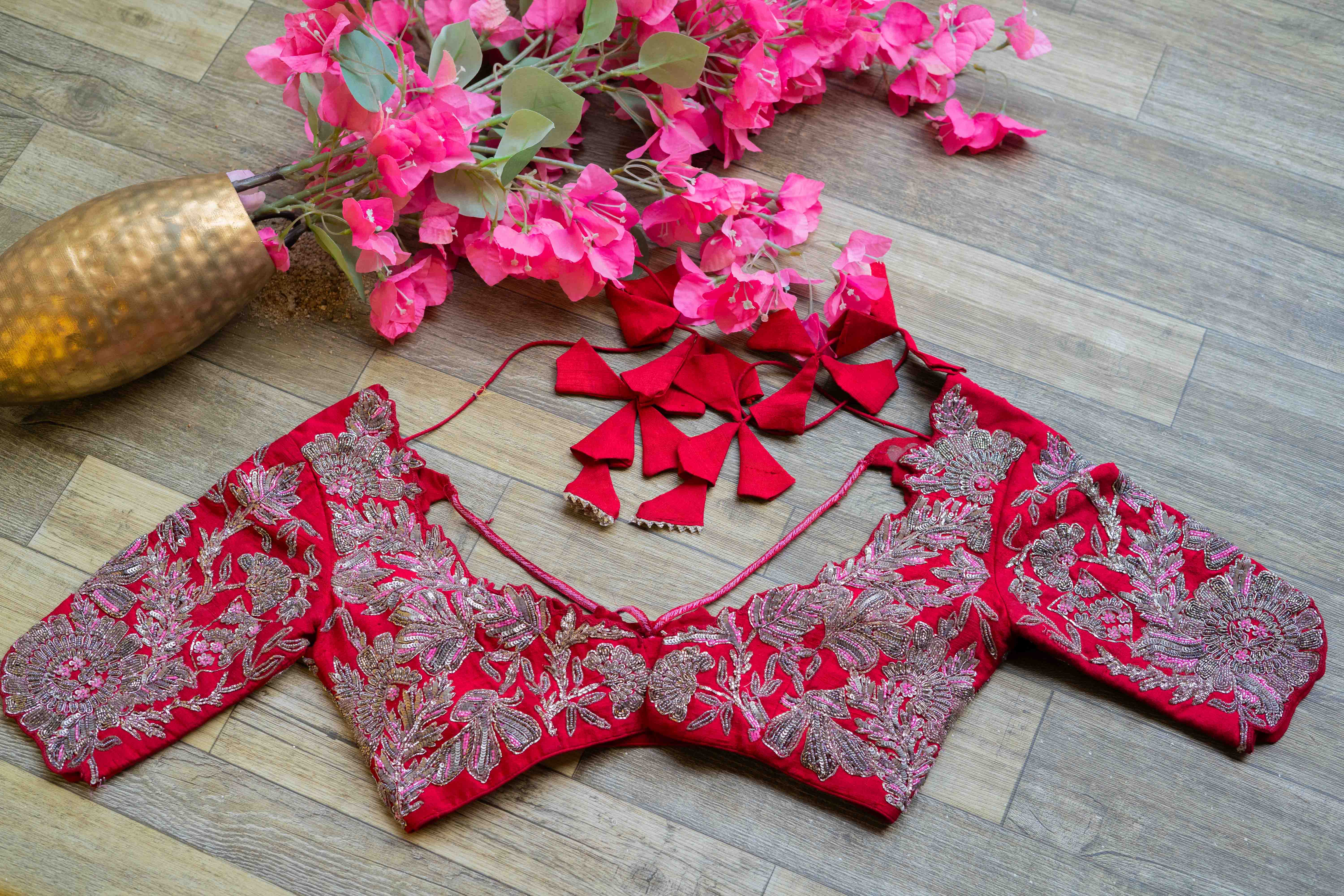 Red rawsilk embroidered blouse