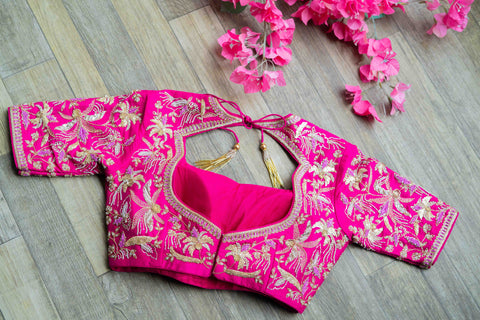 Hot pink rawsilk embroidered blouse
