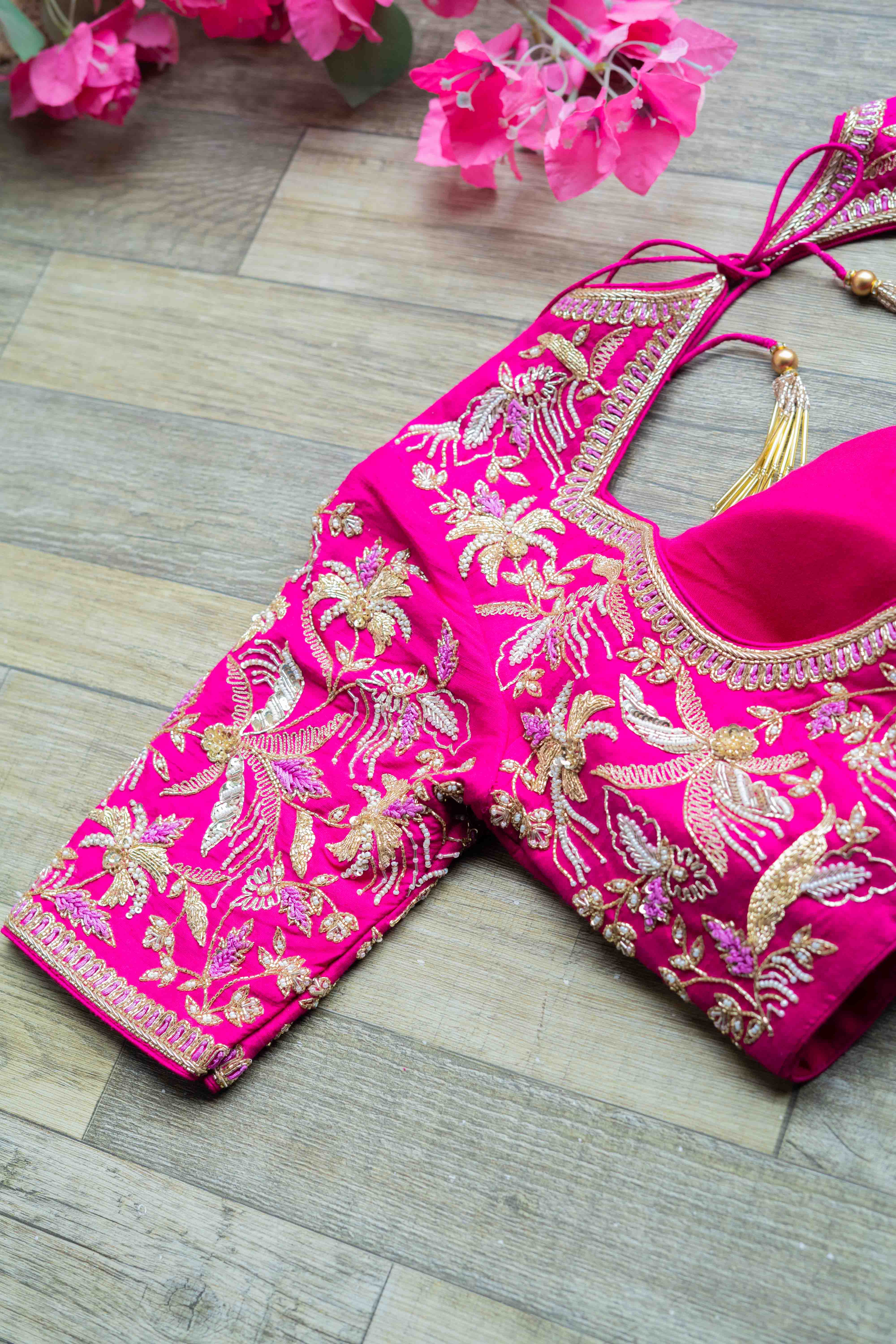 Hot pink rawsilk embroidered blouse