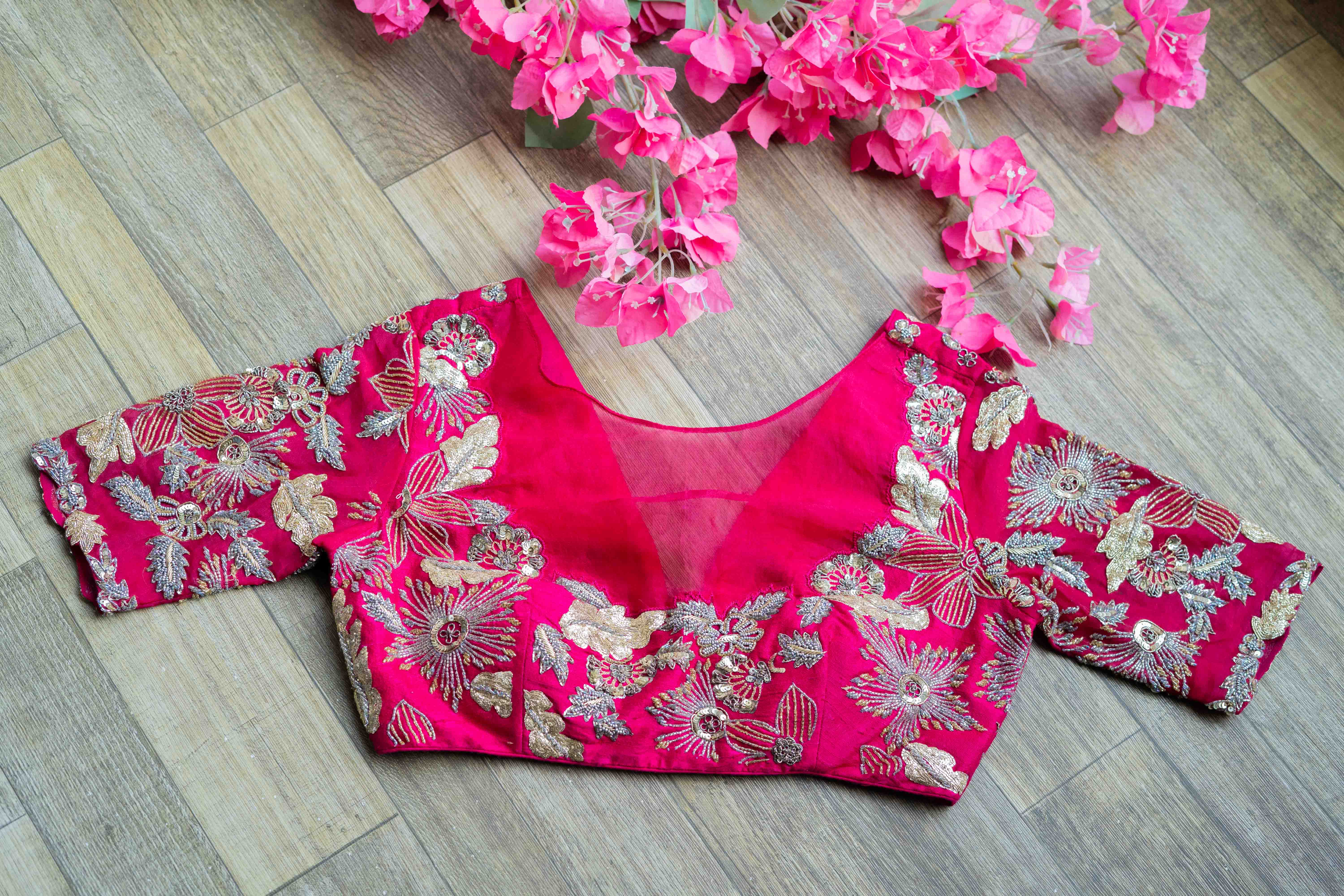 Pink rawsilk embroidered blouse