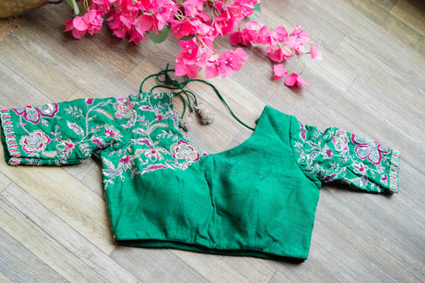 Green rawsilk embroidered blouse