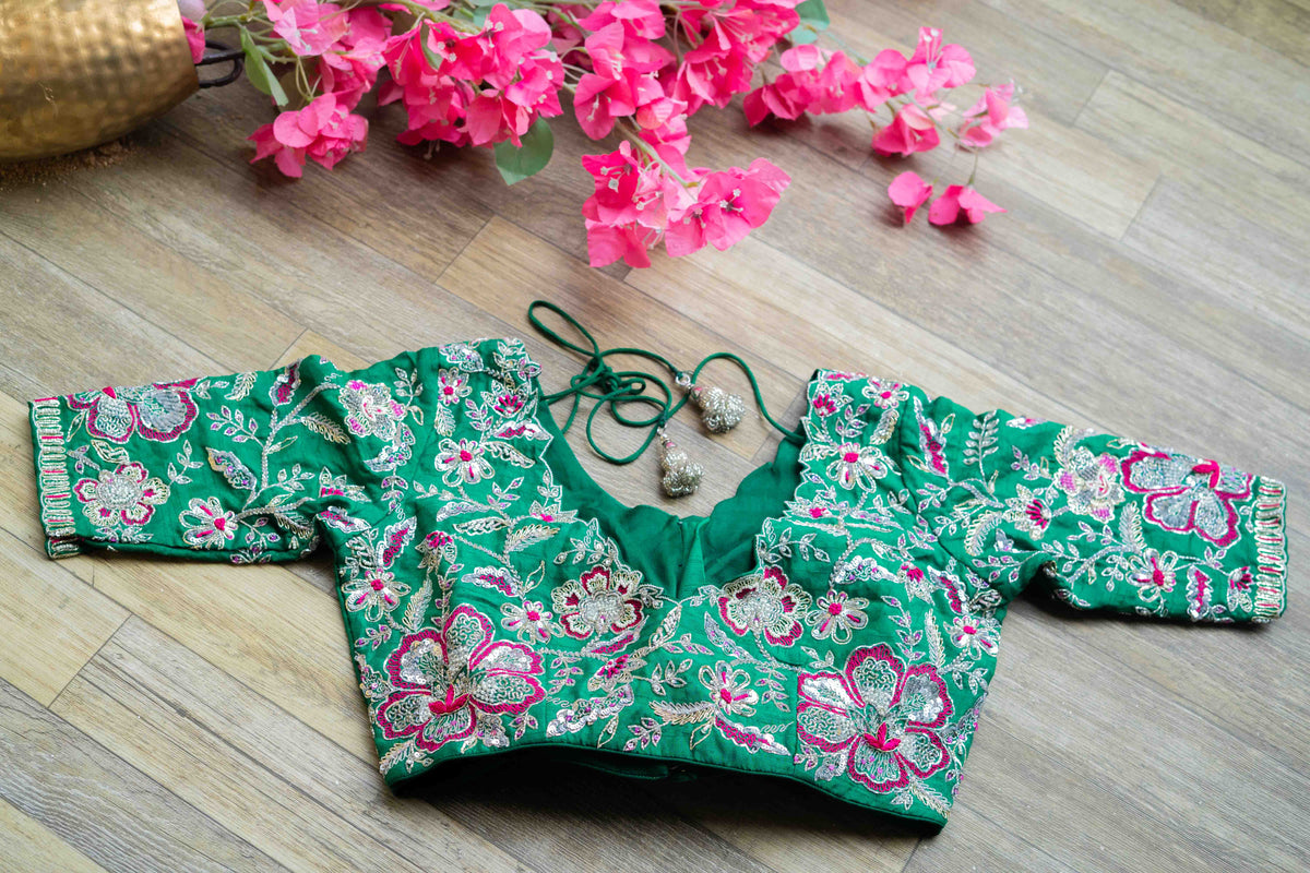Green rawsilk embroidered blouse