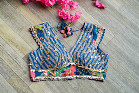 Blue floral embroidered blouse