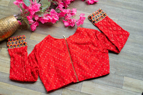 Orange chikankari embroidery blouse