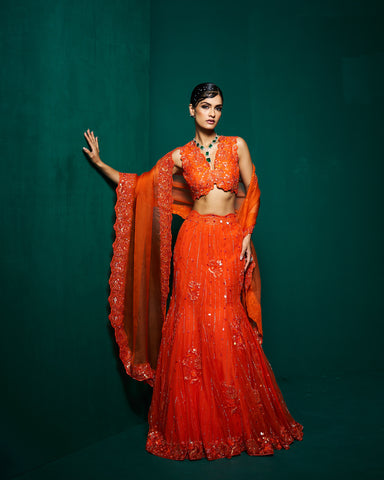 DS - Niri Lehanga set with Dupatta -persimmon Orange