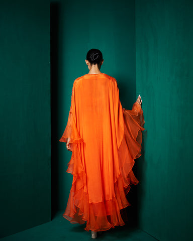 Zoha drape skirt set with ruffle
cape - persimmon Orange