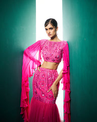 Kimora mermaid Lehenga set with Ruffle dupatta - Fuchsia pink