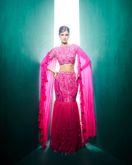 Kimora mermaid Lehenga set with Ruffle dupatta - Fuchsia pink