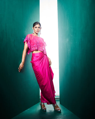 Nessa drape skirt set with cape -
Fuchsia pink