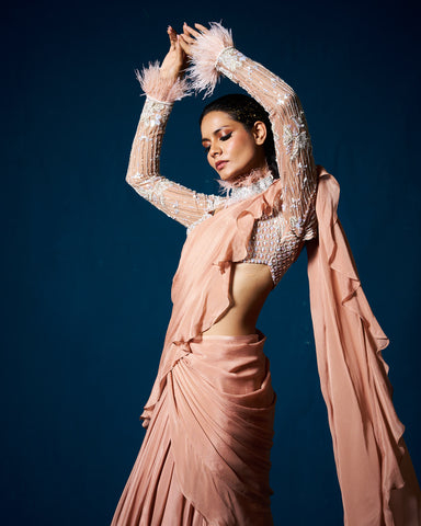 Norali drape saree with blouse- Mocha Beige