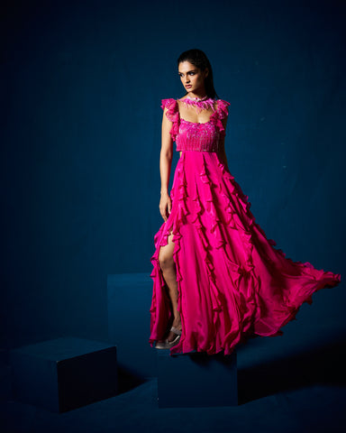 karla ruffle gown - Fuchsia pink