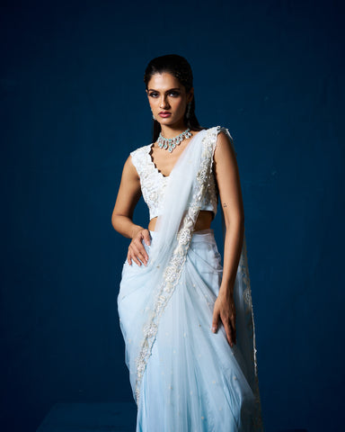 Daria drape saree with blouse - Ice Blue