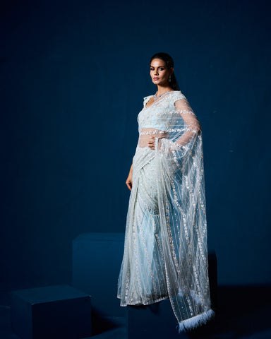Elara net drape saree with blouse - Ice Blue