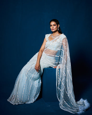 Elara net drape saree with blouse - Ice Blue