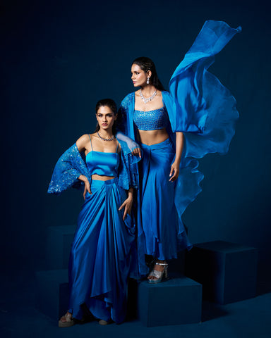 Zoha drape skirt set with ruffle
cape - Sapphire Blue