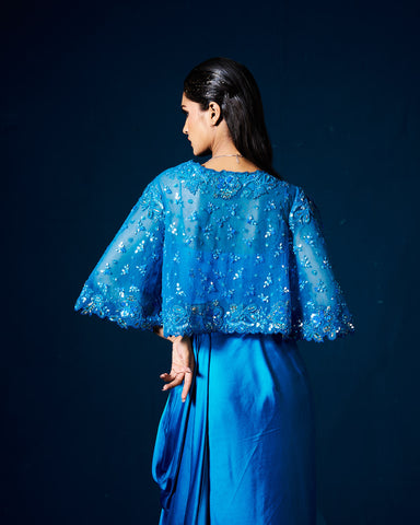 zera drape skirt set with cape -
sapphire Blue