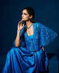 Zera drape skirt set with cape - Sapphire Blue