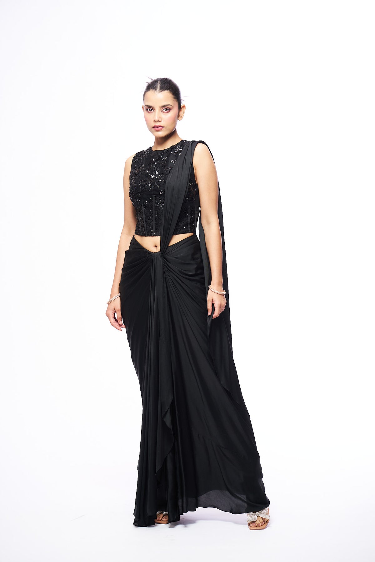 Casey Drape Saree With Coset Top - Black