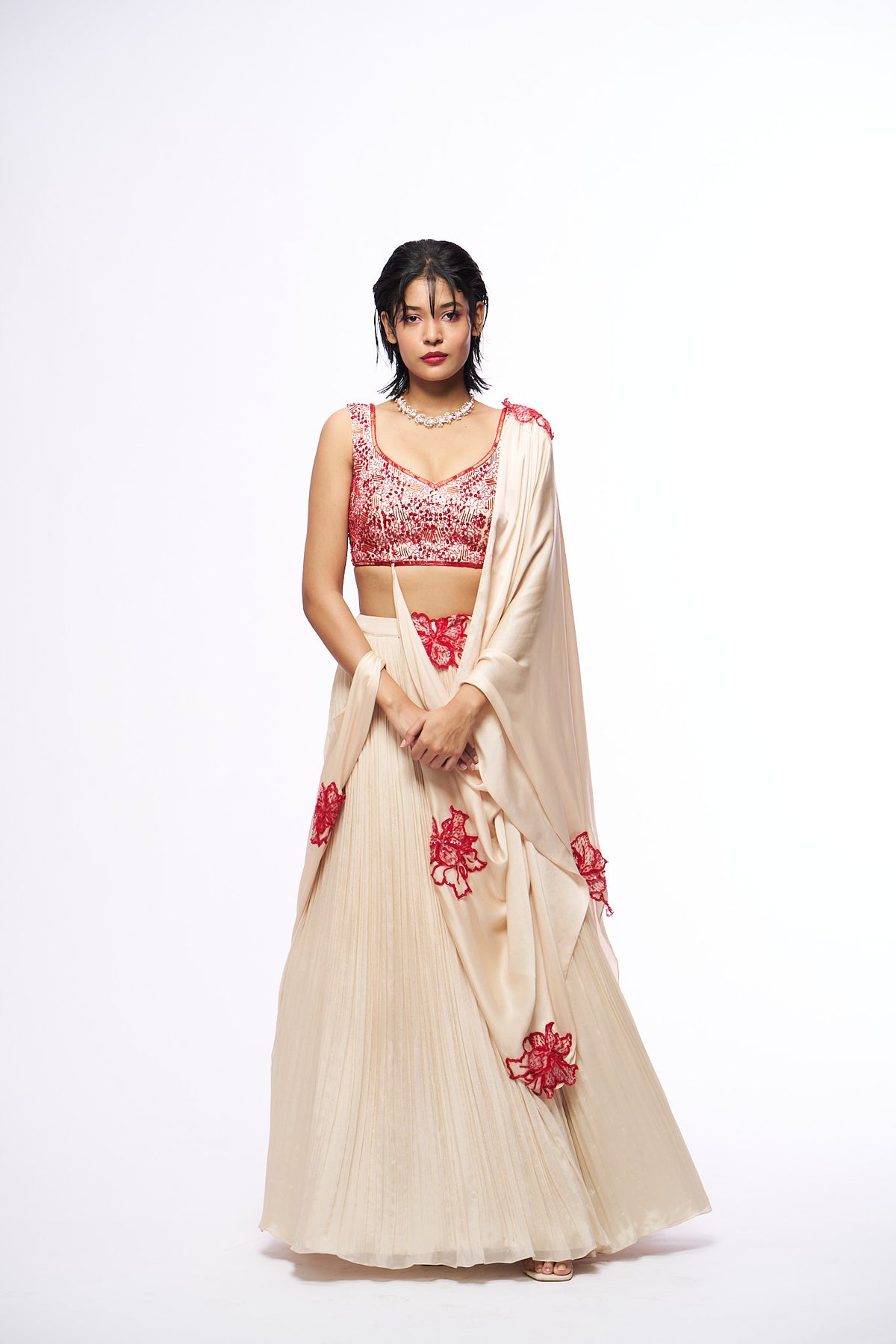 Missie Lehenga Set With Draped Dupatta - Ivory