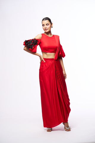 Selma Drape Saree With Blouse - Red