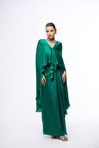 Ellie Skirt Set With Draped cape - Green