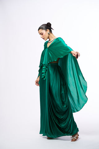 Ellie Skirt Set With Draped cape - Green