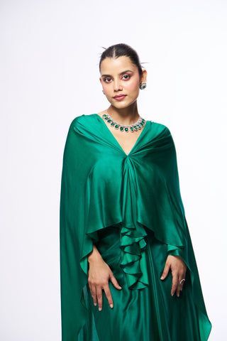 Ellie Skirt Set With Draped cape - Green