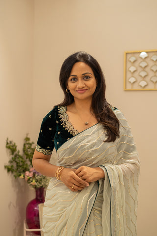 Green Saree with Velvet Blouse