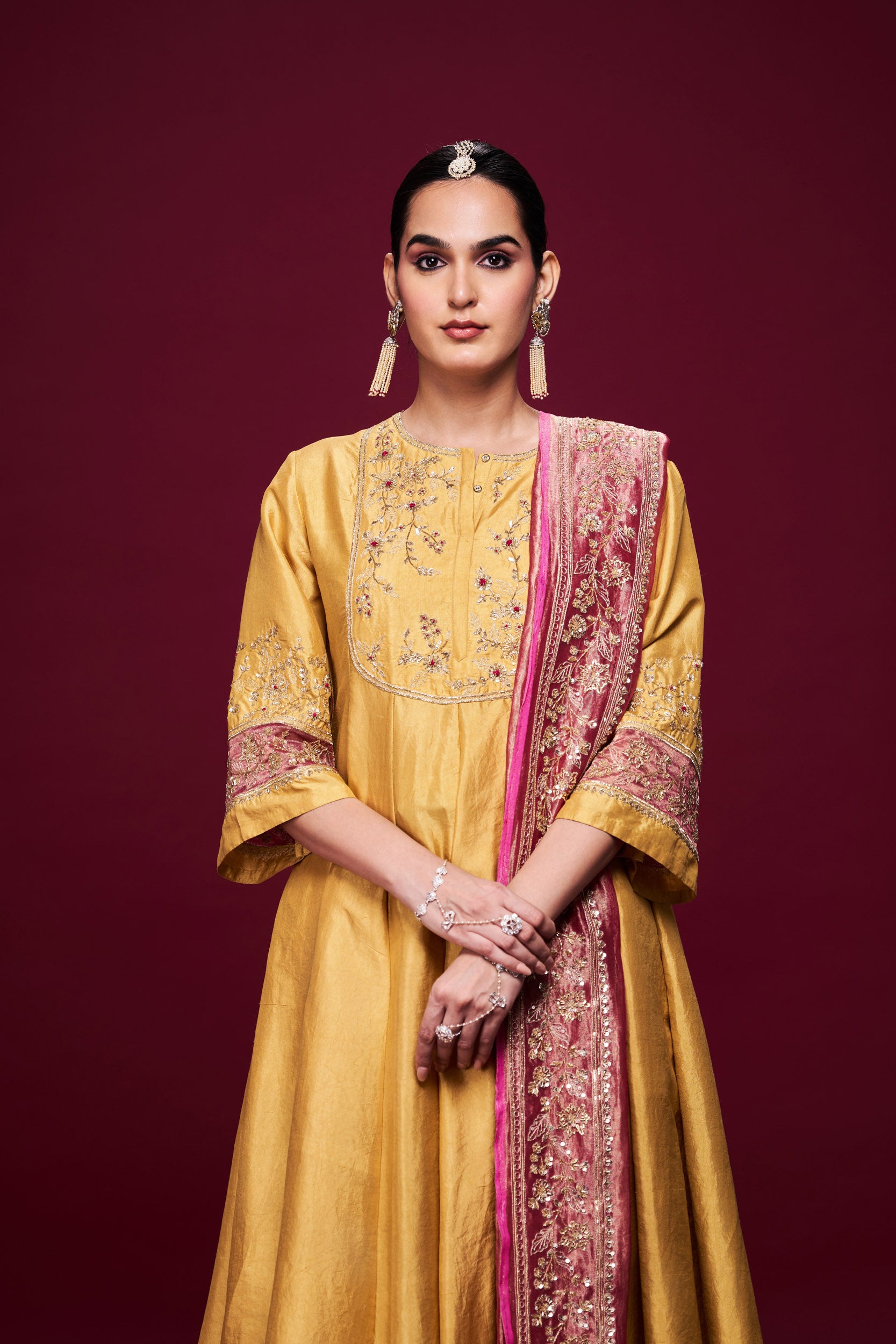 Tesharya Yellow and Pink Kurti Set with Dupatta