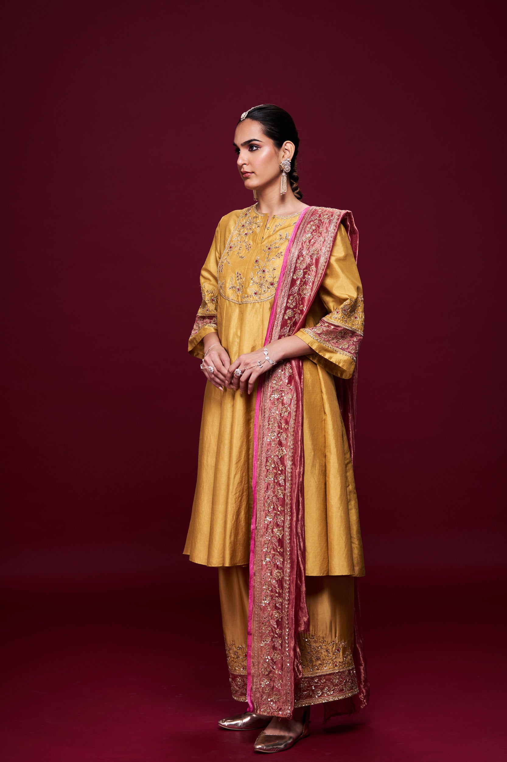 Tesharya Yellow and Pink Kurti Set with Dupatta