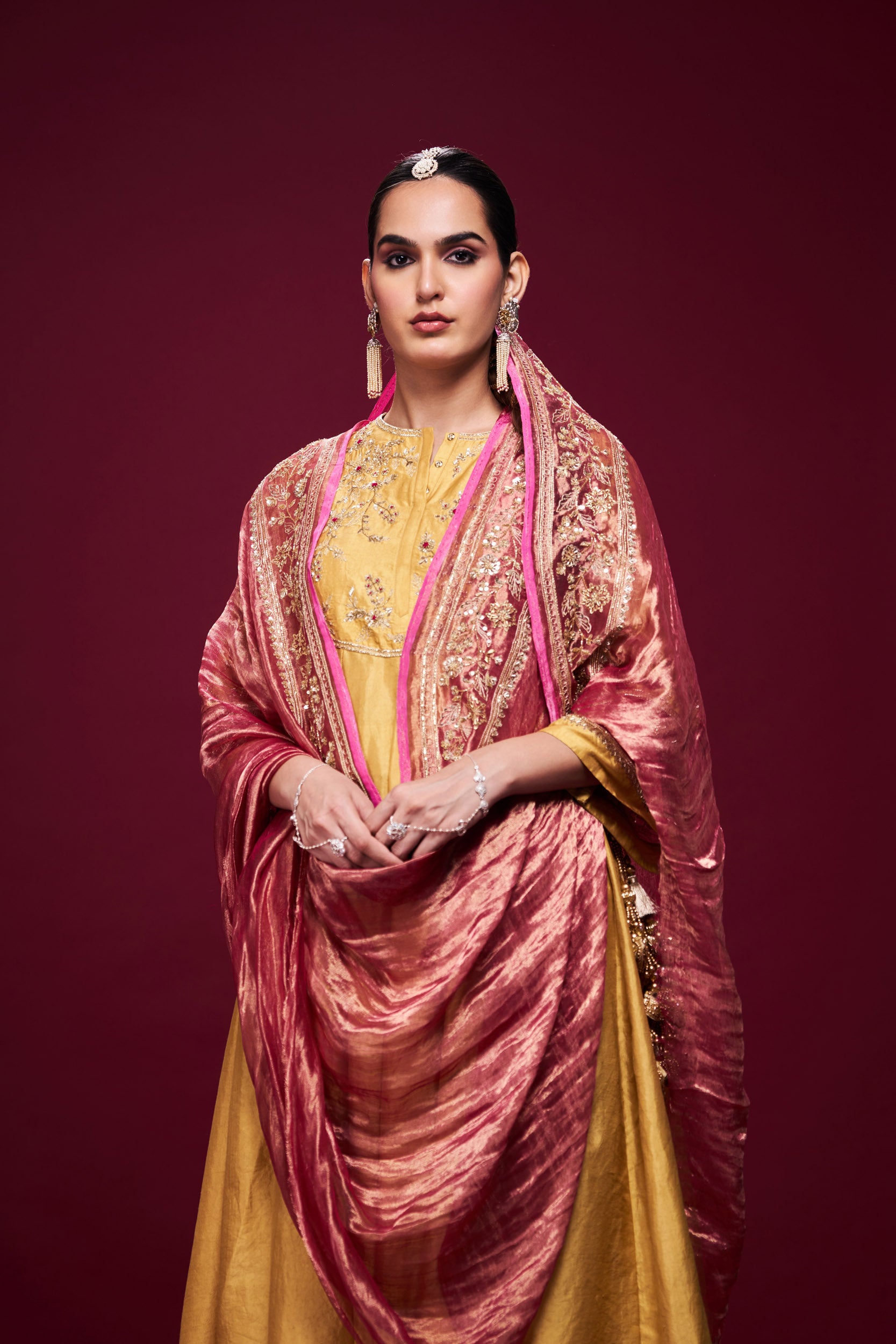 Tesharya Yellow and Pink Kurti Set with Dupatta