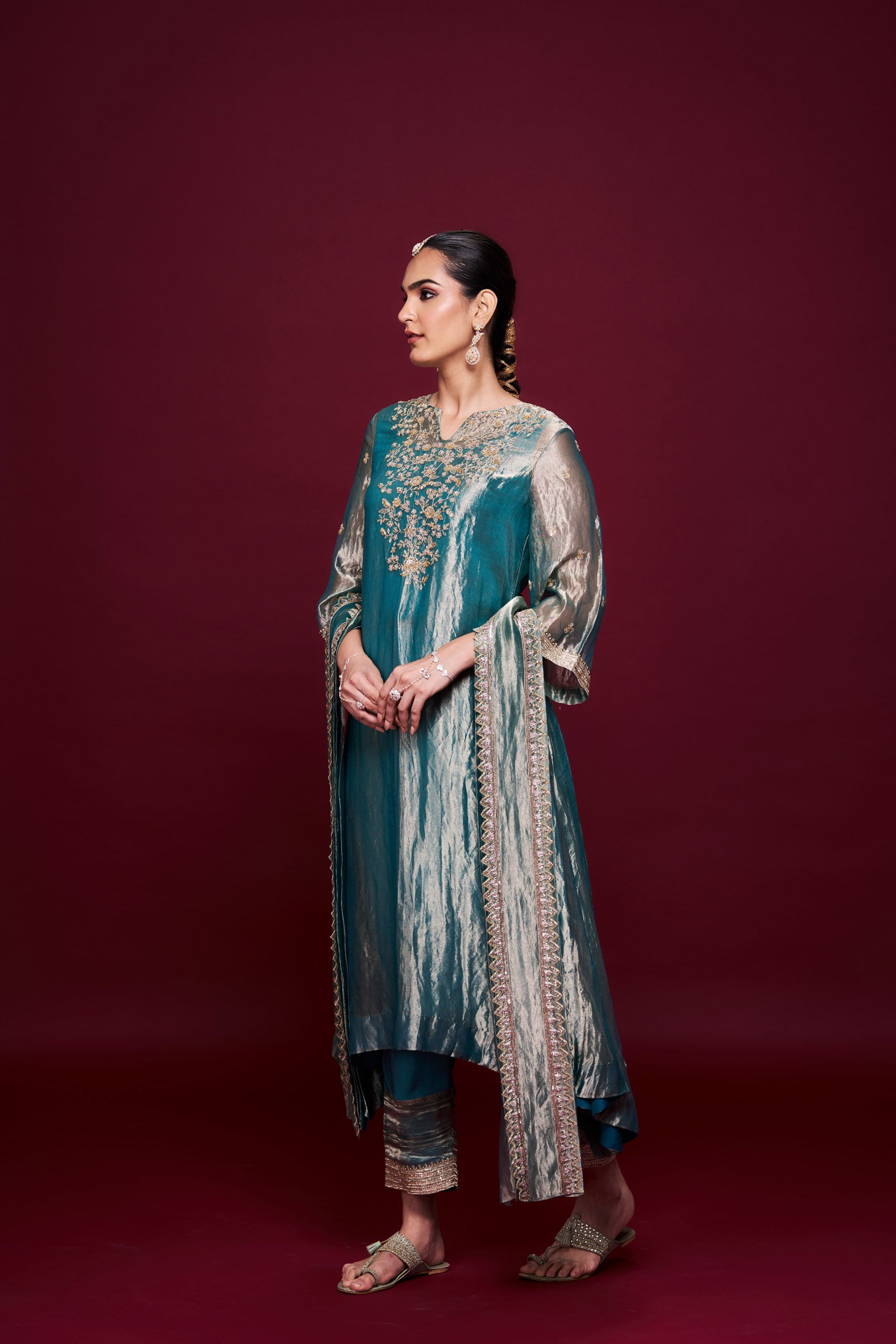 Sahar Green Tissue Kurti Set with Dupatta